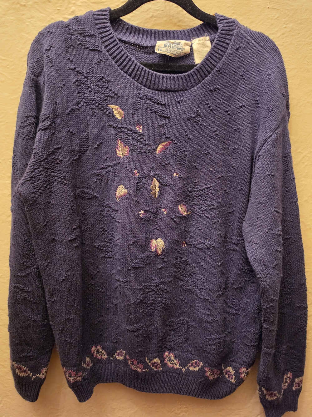 Vintage 90s Cottagecore Embroidered Autumn Leaf Textured Knit Sweater M